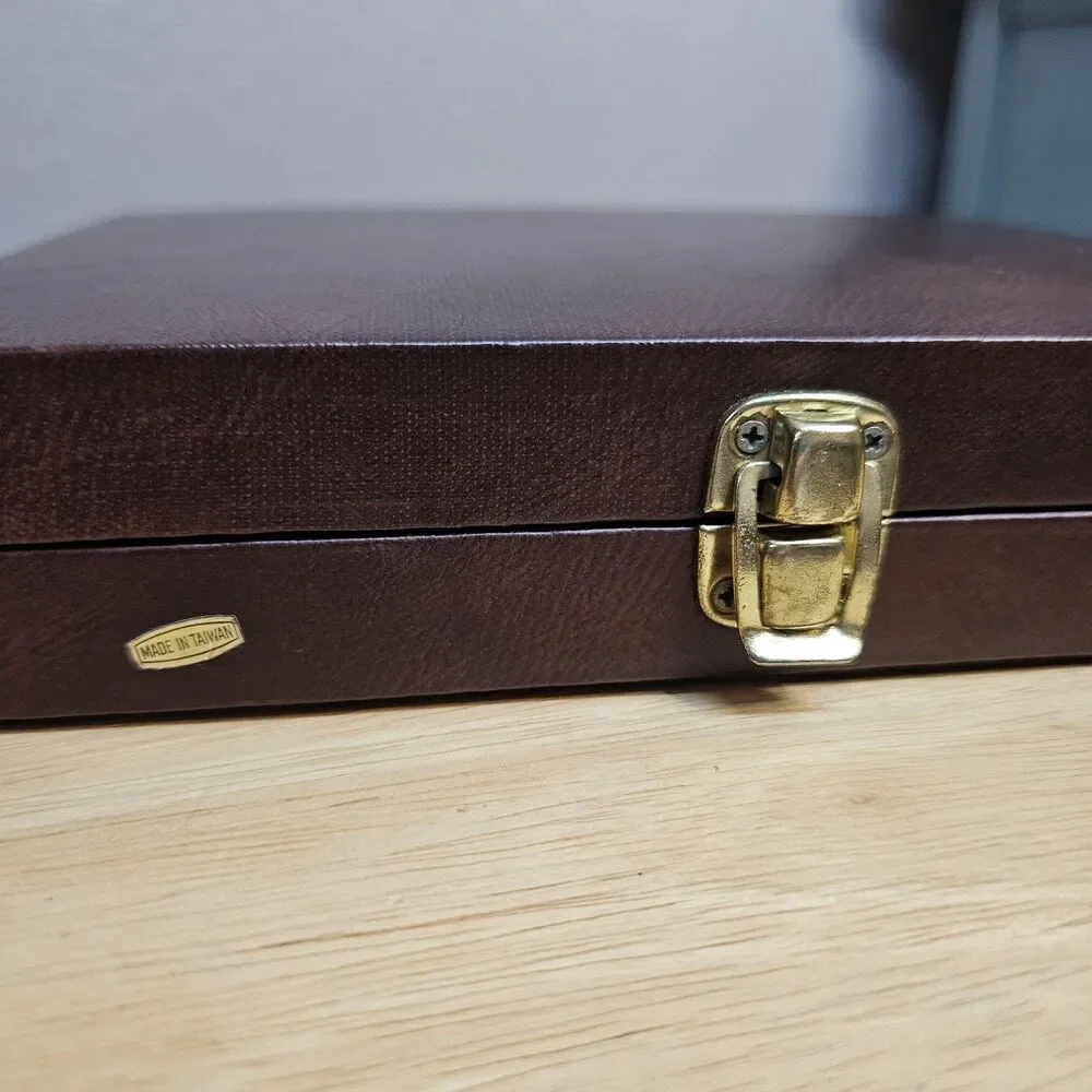 Vintage Travel Backgammon Set Faux Leather Folding Case Complete w/ Dice Cups